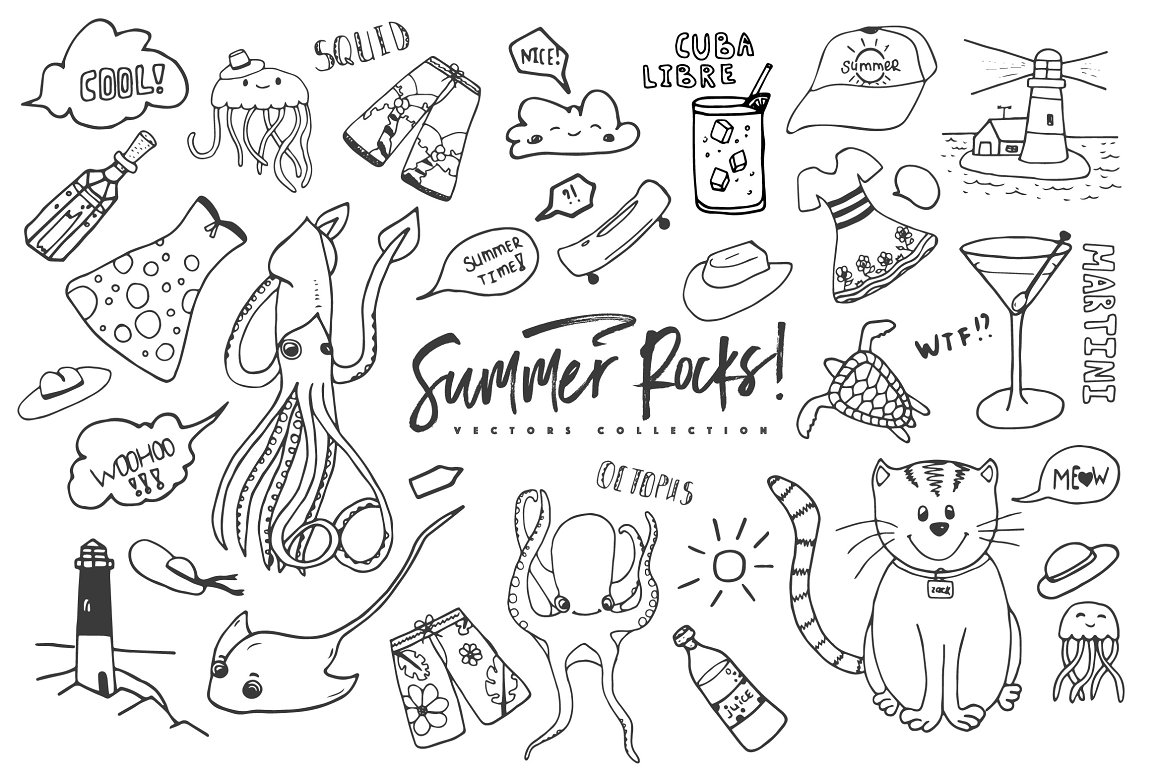 手绘涂鸦夏季装饰元素插画素材合辑包 Summer Rocks