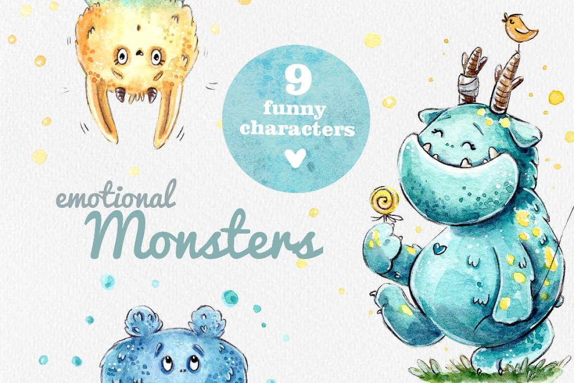 9个可爱有趣的卡通怪物水彩手绘剪贴画素材 Emotional