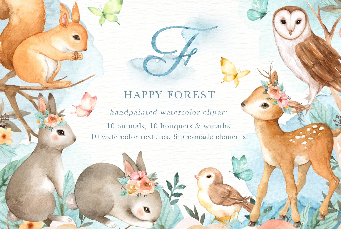 水彩手绘快乐森林动物花朵剪贴画素材 Happy Forest