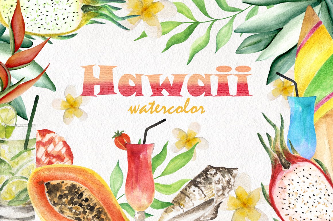 水彩手绘夏威夷热带冲浪鲜花鸡尾酒等夏季元素 Hawaii.