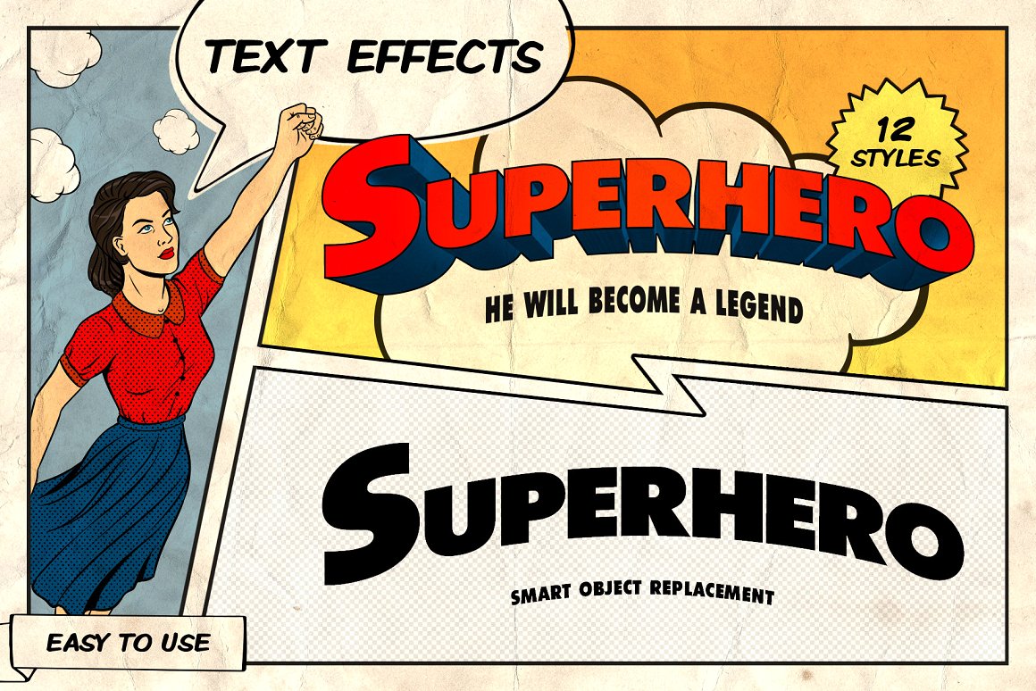 奇妙的文字效果半色调画笔纹理复古漫画元素工具包 Marvel