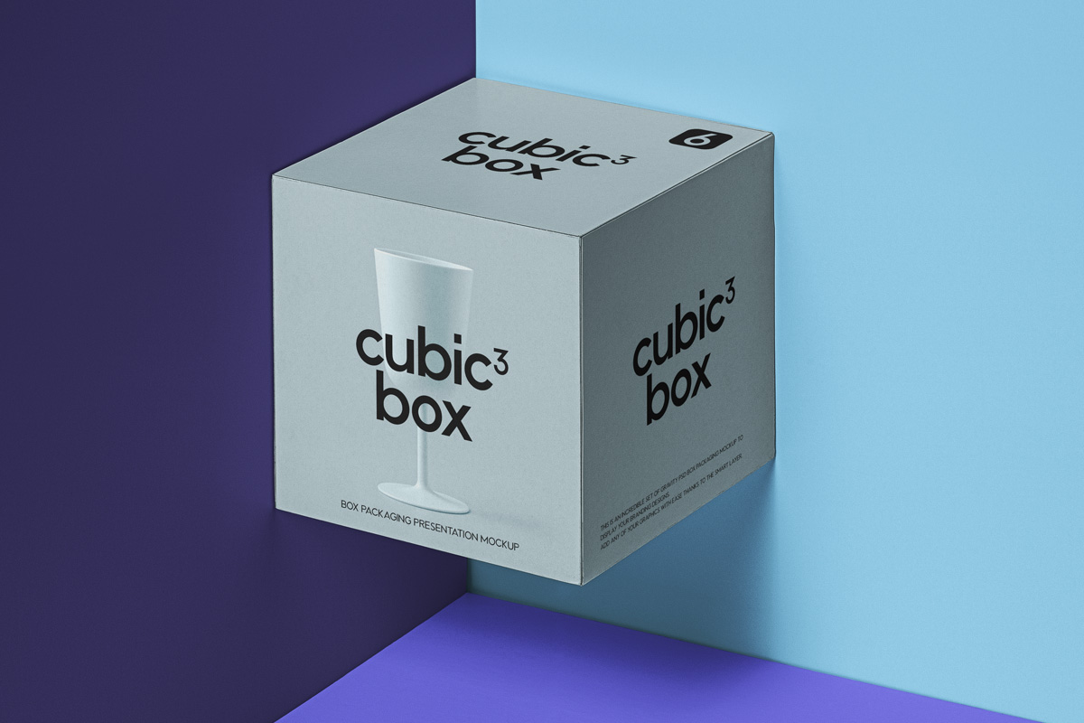 现代的漂浮方形psd盒子包装样机 Psd Cubic Box