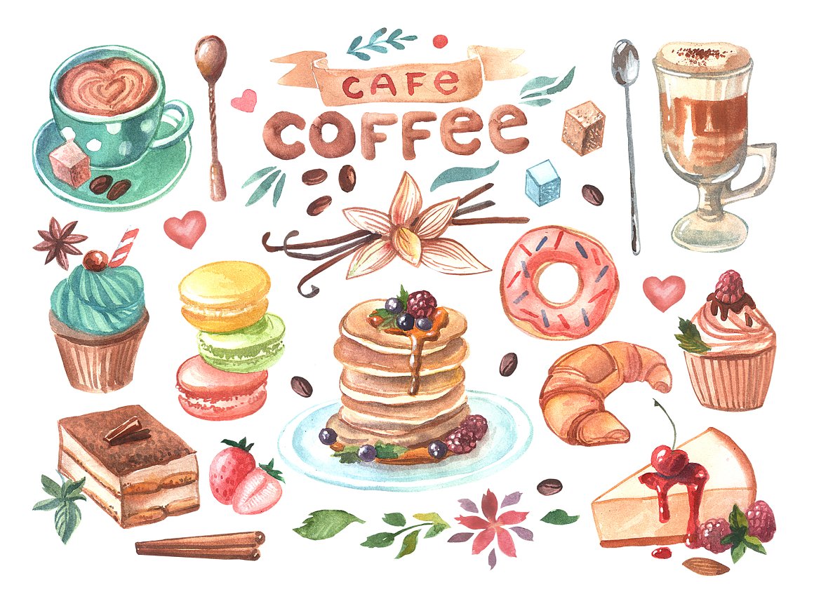 高质量水彩手绘卡布奇诺咖啡提拉米苏早茶甜点剪贴画素材 Cof
