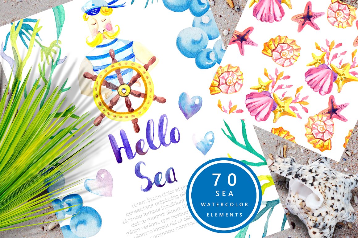水彩手绘美人鱼水底海洋生物剪贴画素材合辑 Hello SEA