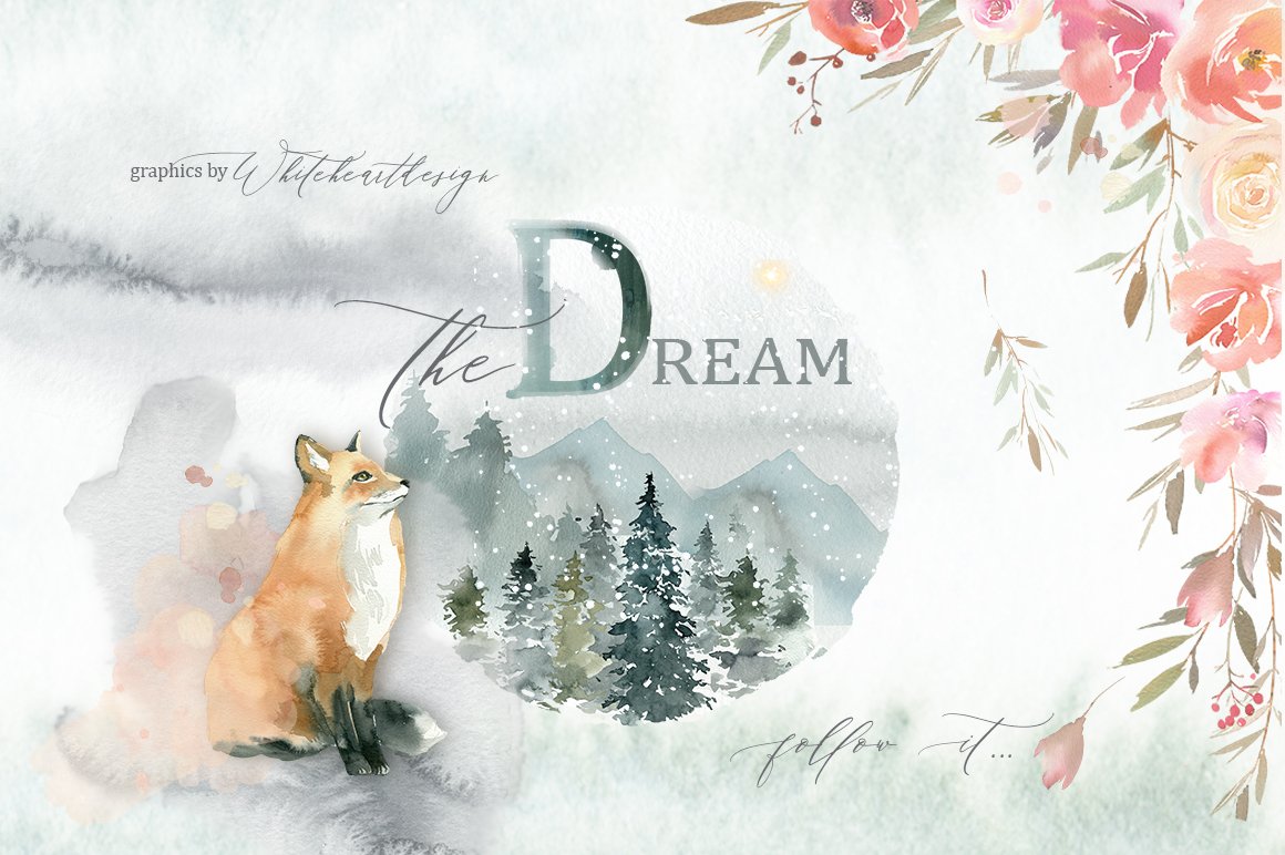 冬季梦想童话美丽大型水彩手绘剪贴画合辑包 Dream - F