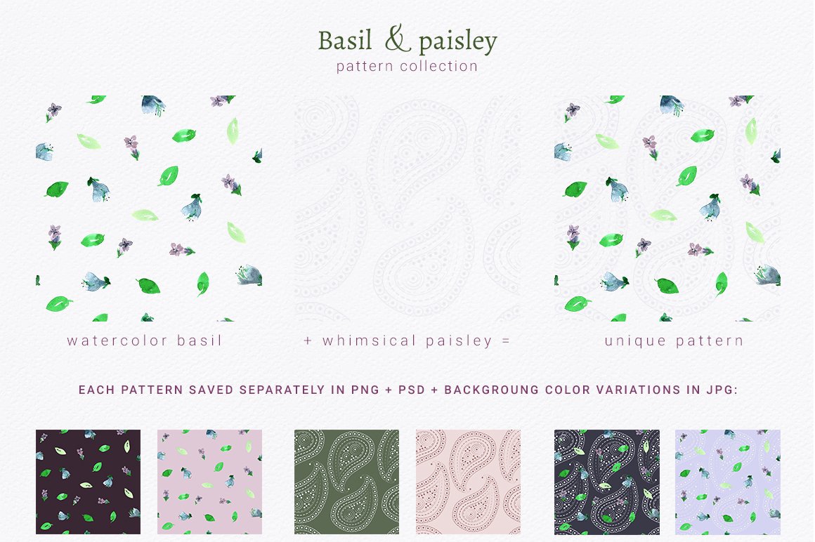 现代手绘草本植物花卉无缝图案素材 Basil & p
