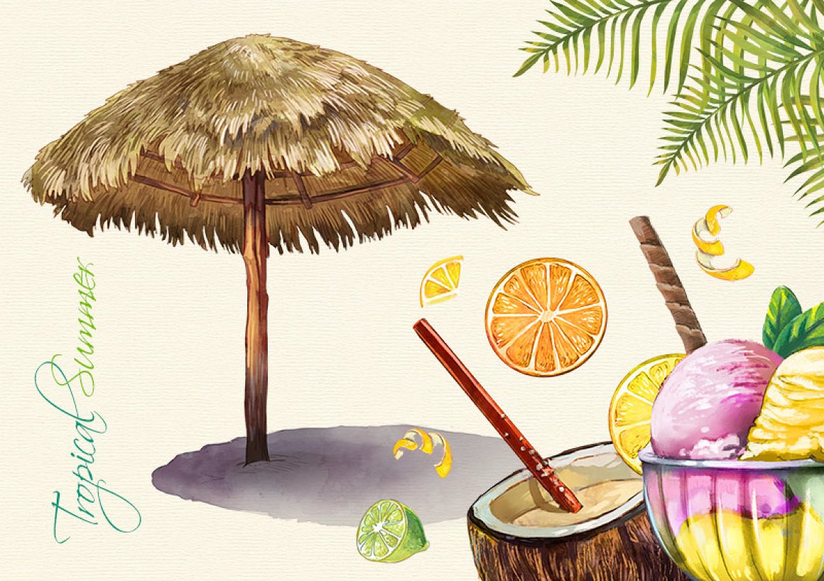 水彩手绘热带夏季元素剪贴画素材 Tropical Summe