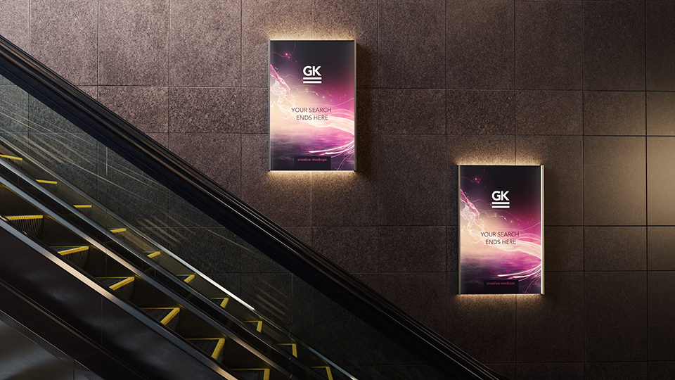 地铁商场自动扶梯灯箱广告设计提案样机PSD模板 3D Esc