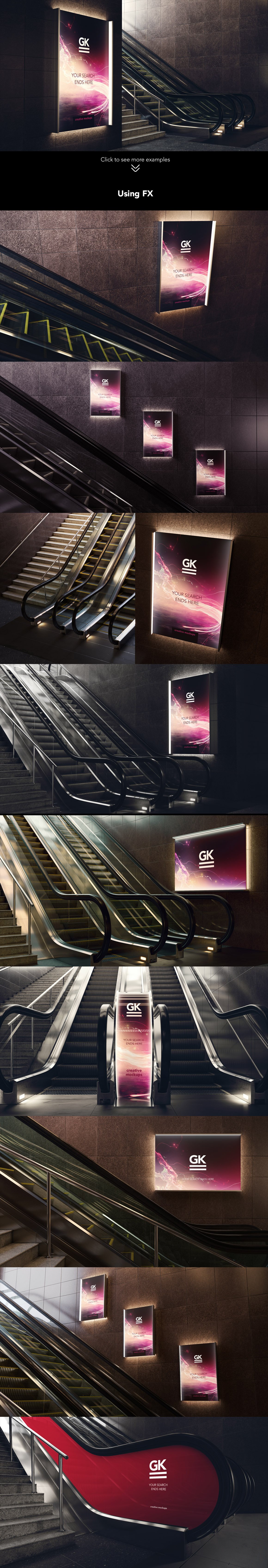 地铁商场自动扶梯灯箱广告设计提案样机PSD模板 3d Esc