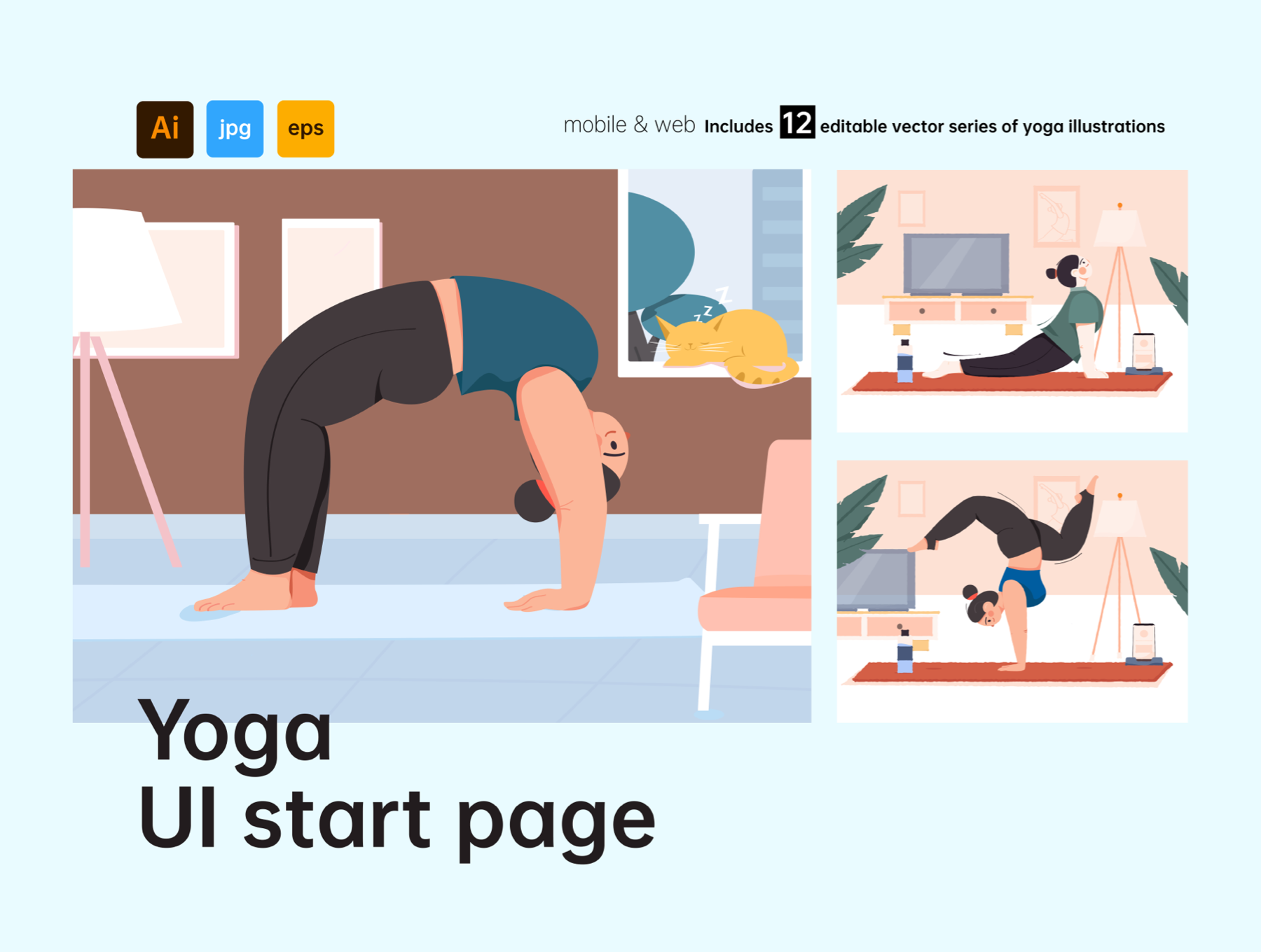 12个瑜伽场景矢量插画素材 Yoga UI start pa