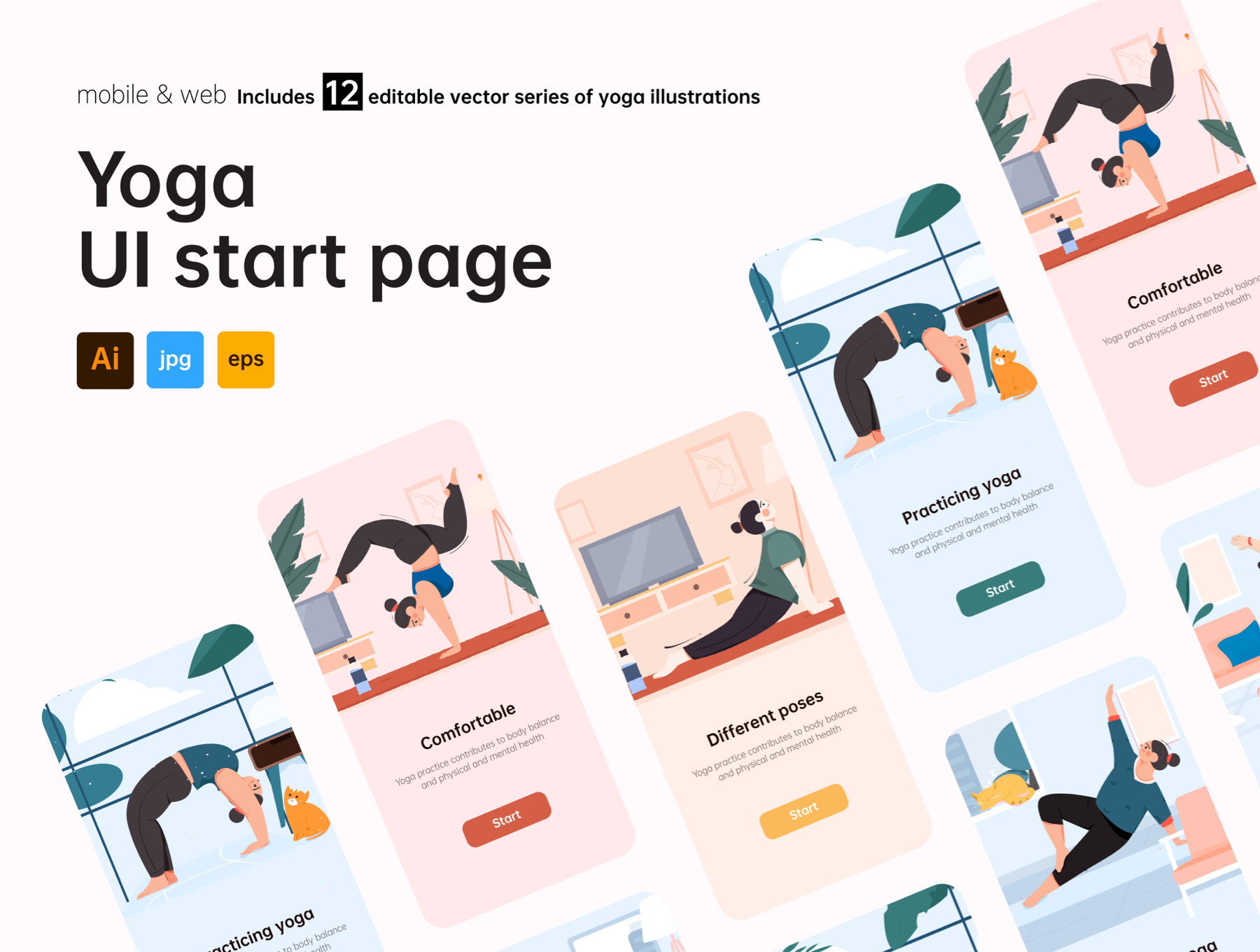 12个瑜伽场景矢量插画素材 Yoga UI start pa