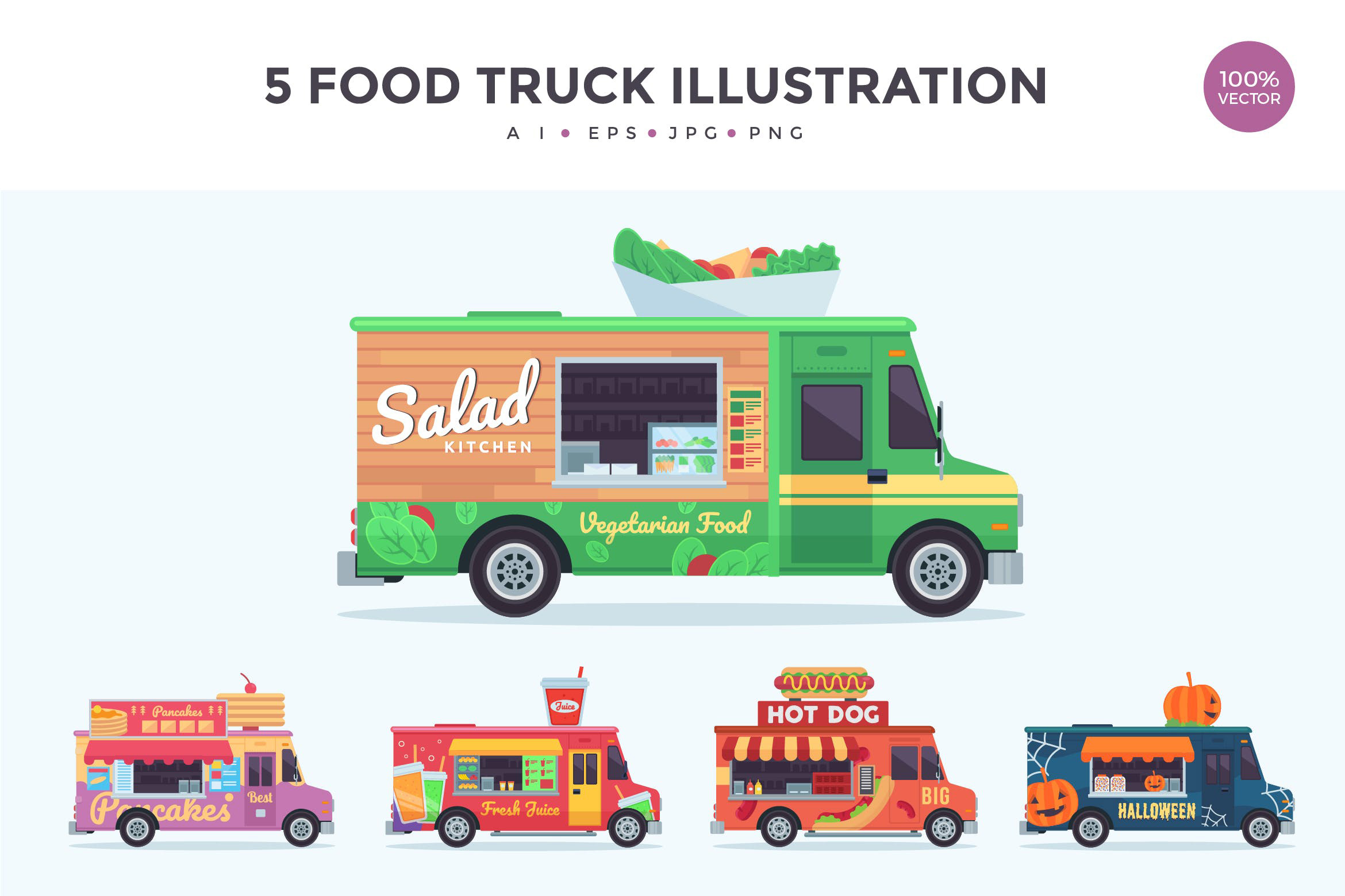 5款快餐车矢量插画素材 5 Food Truck Vecto