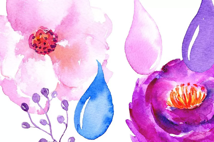 紫色水彩雨滴花瓣花卉剪贴画 Watercolor Purpl