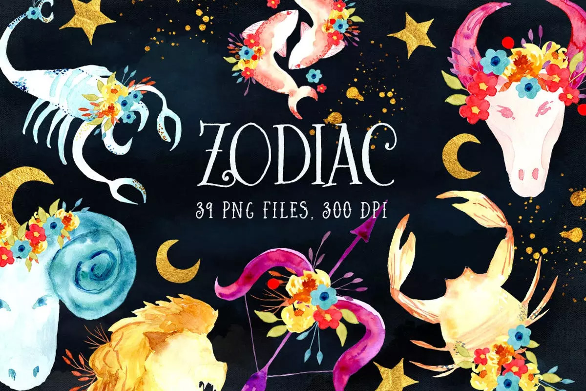 十二星座水彩插图合集 Watercolor Zodiac