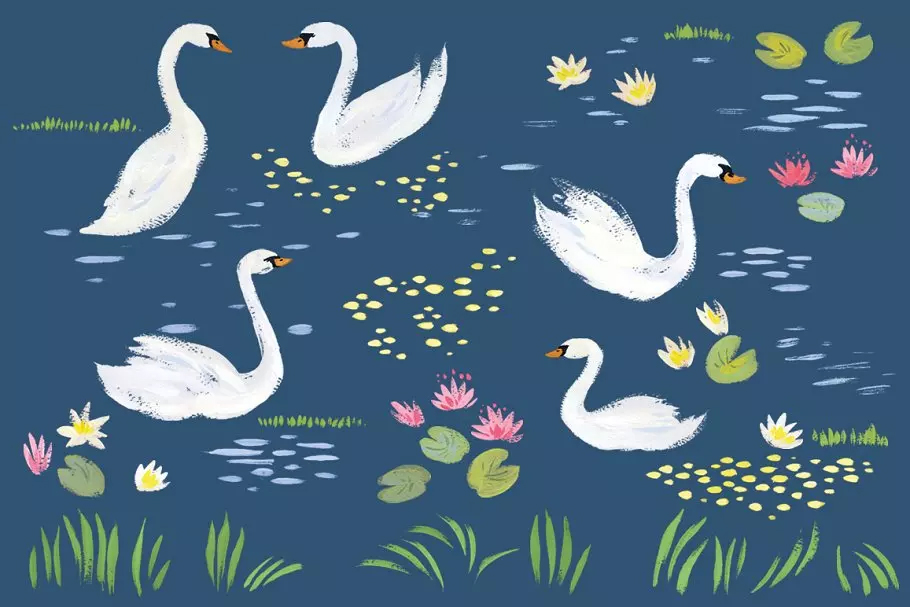 天鹅湖水彩艺术剪贴画 Swan Lake Clipart