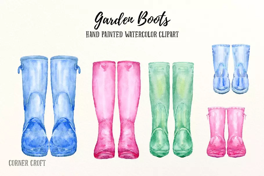水彩艺术塑胶雨靴花园靴子剪贴画 Watercolor Gar