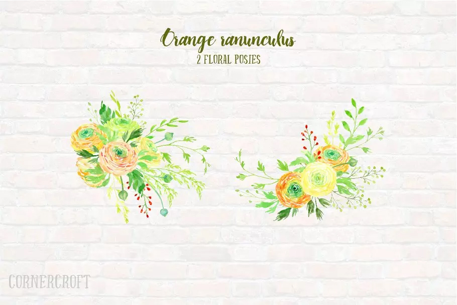 橙色水彩毛茛花卉剪贴画 Watercolor Clipart