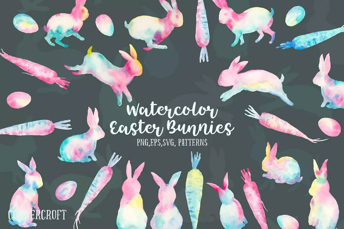 复活节兔子水彩矢量图案 Watercolor Easter