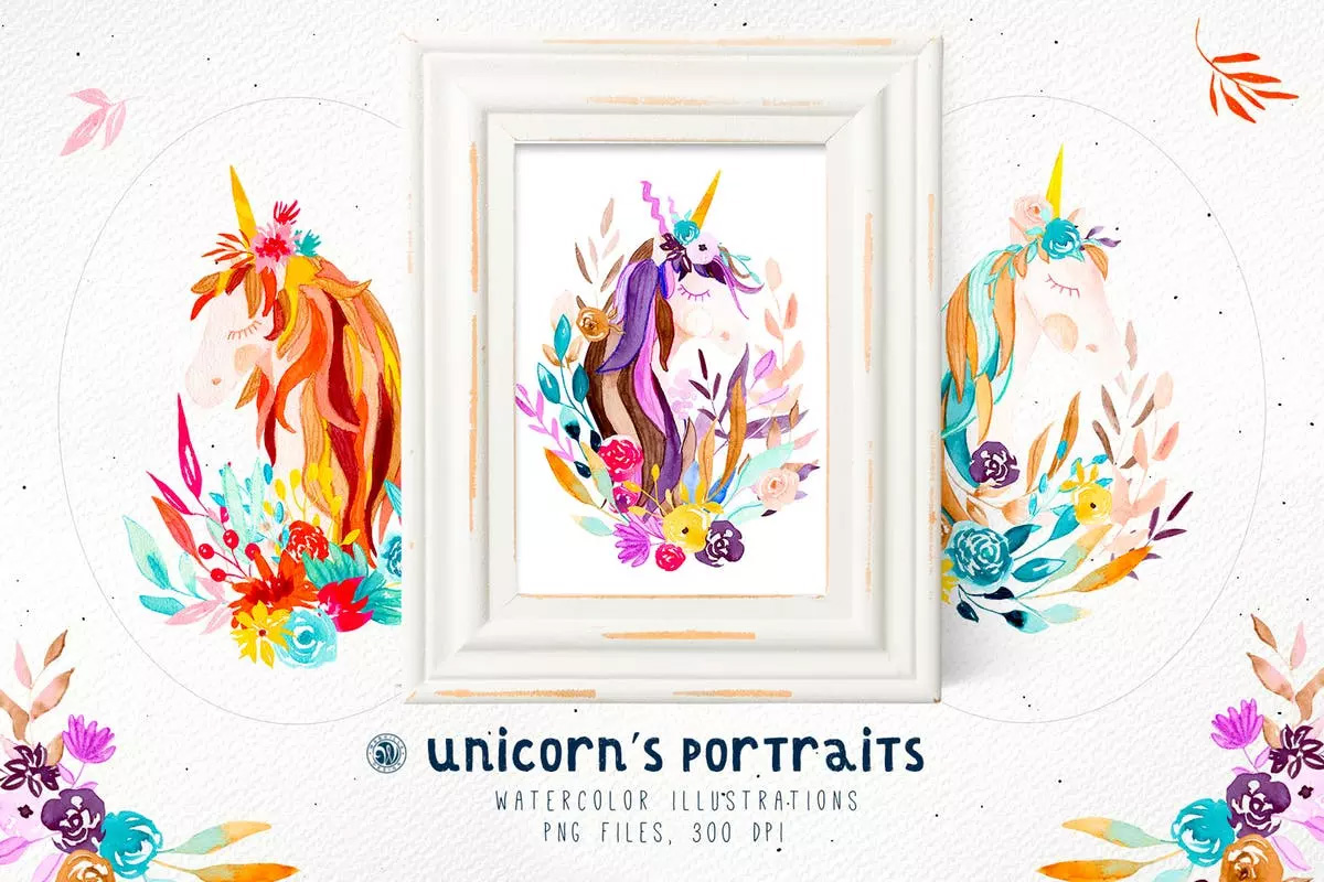 创意独角兽动物肖像水彩插画 Unicorn’s Portra