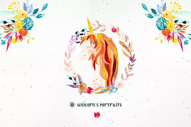 创意独角兽动物肖像水彩插画 Unicorn’s Portra