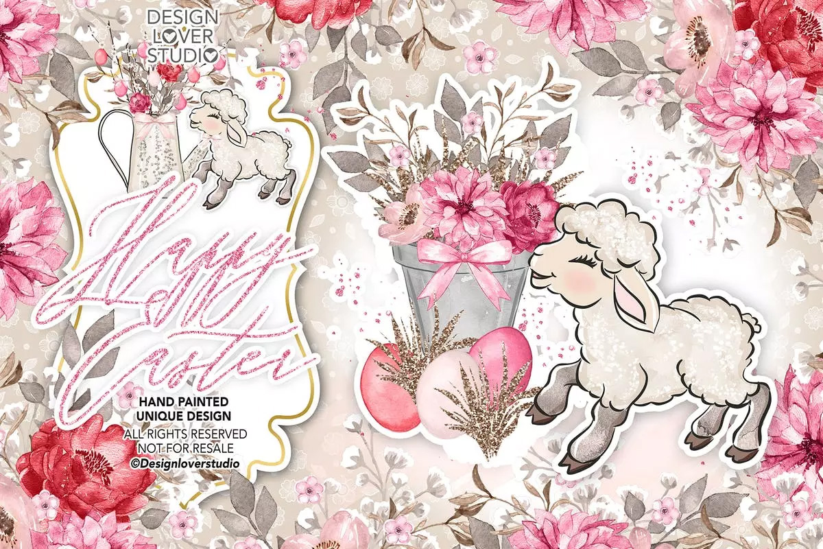 快乐复活节羔羊水彩剪贴画 Happy Easter lamb