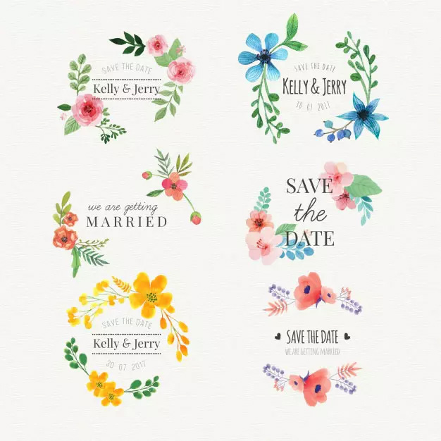 6个水彩婚礼标签 Floral watercolor wed