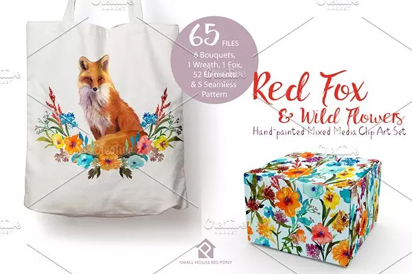 红狐与野花水彩剪贴画 Red Fox and Wild Fl