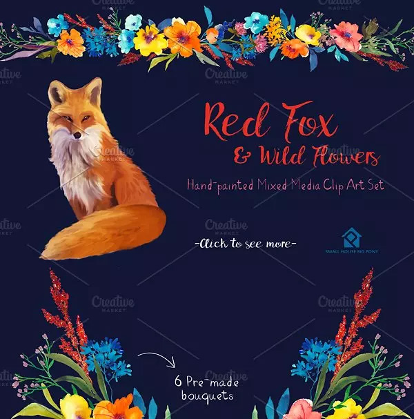 红狐与野花水彩剪贴画 Red Fox and Wild Fl