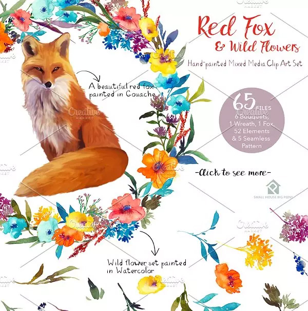 红狐与野花水彩剪贴画 Red Fox and Wild Fl