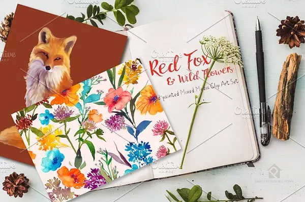 红狐与野花水彩剪贴画 Red Fox and Wild Fl