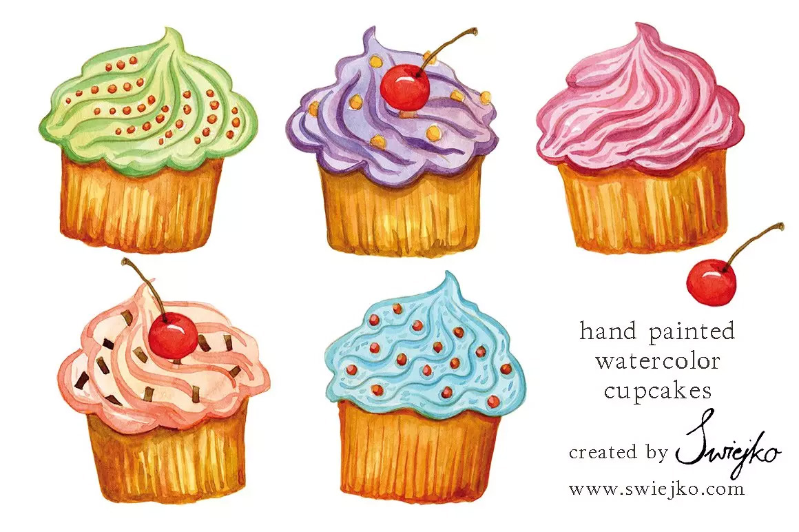 水彩纸杯蛋糕剪贴画 Watercolor Cupcakes