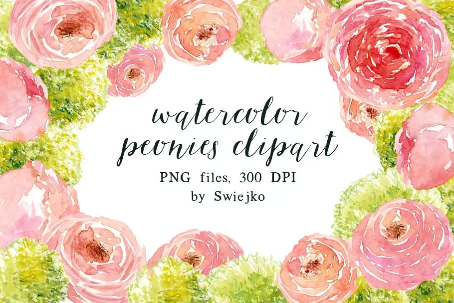 牡丹花水彩剪贴画 Peonies clipart set