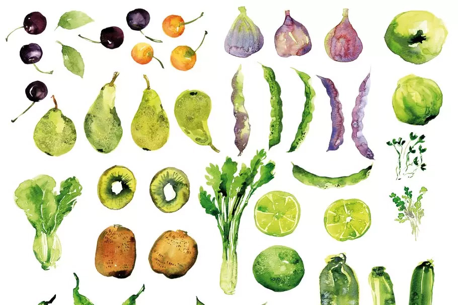 45款蔬果水彩剪切画 Watercolor Veggies