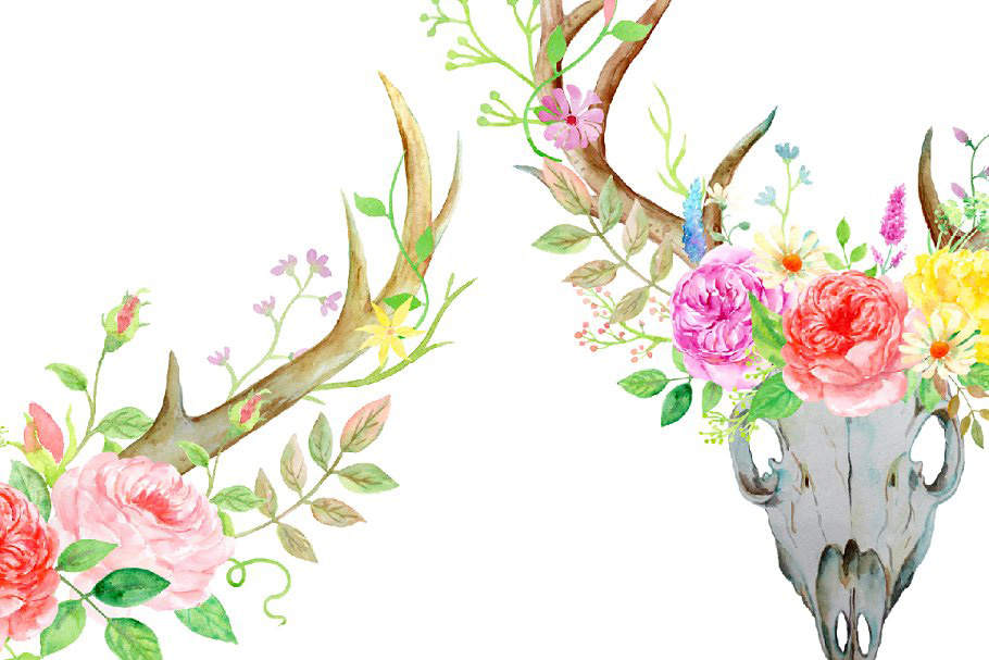 鹿与玫瑰水彩剪贴画 Watercolor Deer and