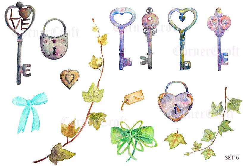 复古锁、钥匙心形水彩图案 Watercolor Vintag