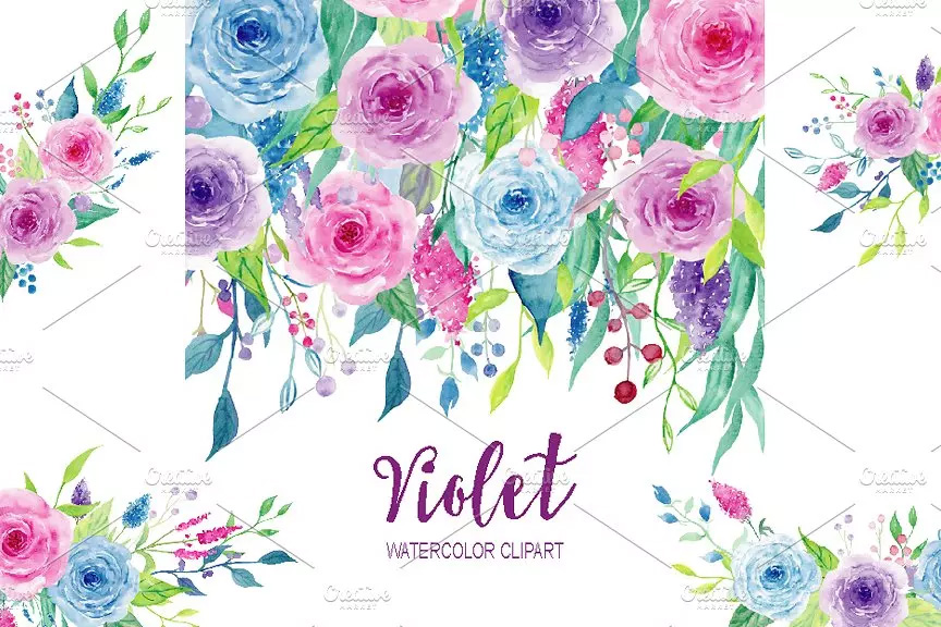 紫色水彩花卉 Watercolor Clipart Viol