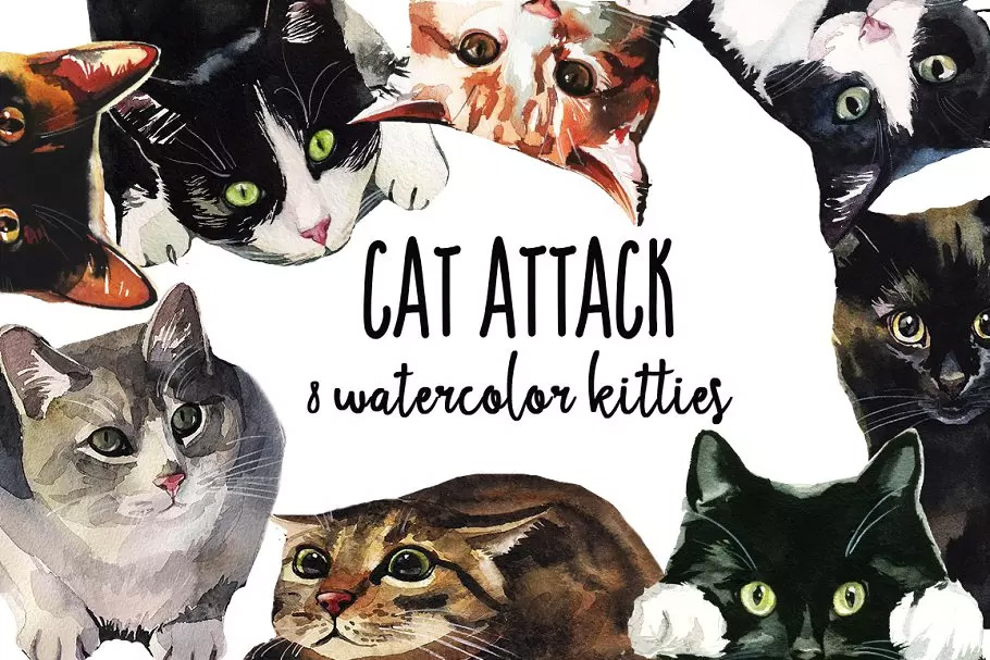 愤怒的小猫水彩剪贴画 Cat Attack Watercol