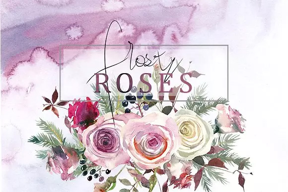 霜白玫瑰花水彩 Frosty Roses Watercolo