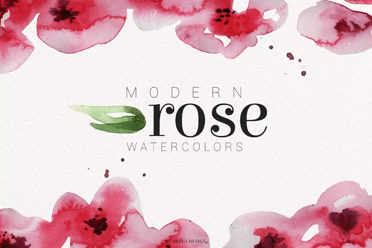 现代玫瑰水彩花卉 叶子插图 Modern Rose wate