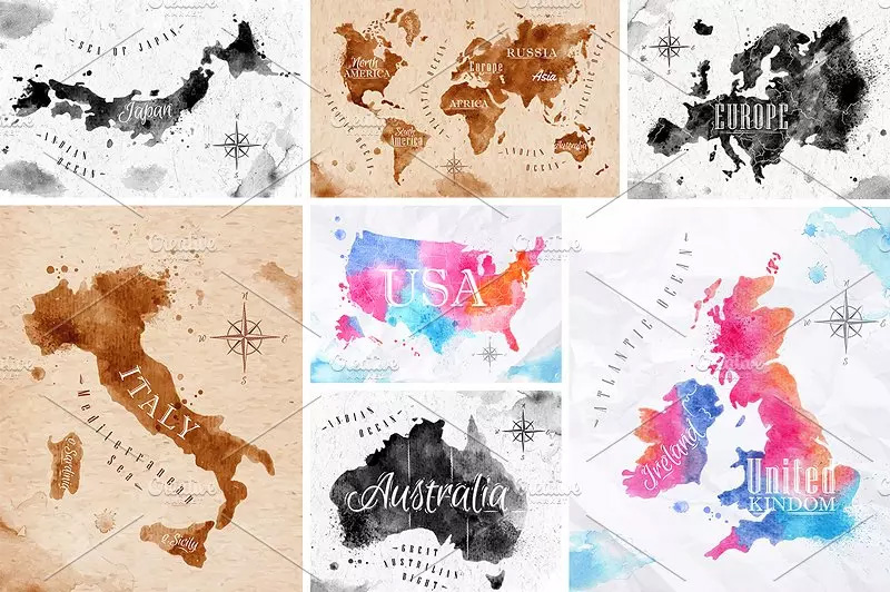 水彩世界地图矢量图 Watercolor world map