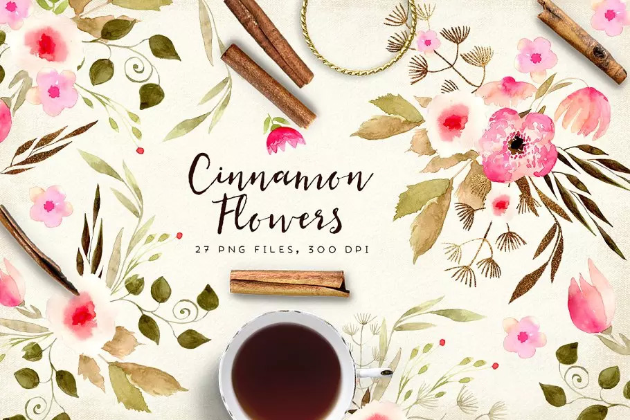 肉桂花水彩花卉剪贴画 Cinnamon Flowers