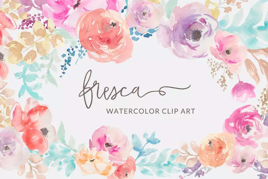 水彩花卉剪贴画 Fresca- Watercolor Flo