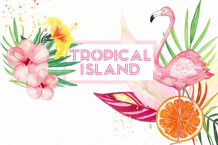 热带岛屿水彩剪贴画 Tropical islands. wa