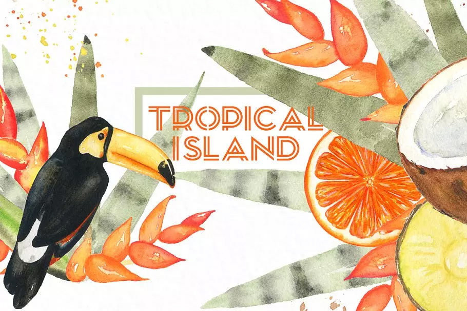 热带岛屿水彩剪贴画 Tropical islands. wa