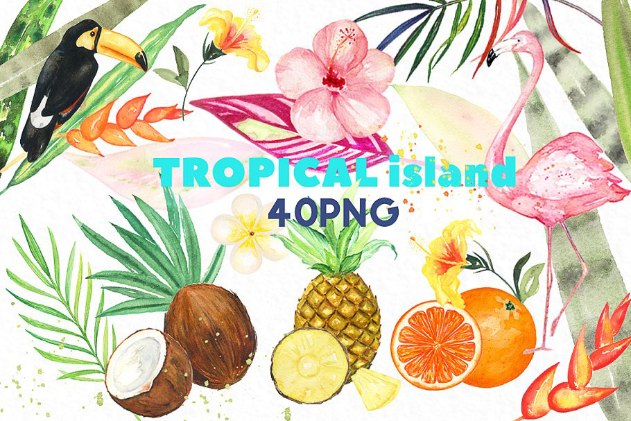 热带岛屿水彩剪贴画 Tropical islands. wa