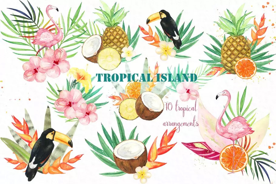 热带岛屿水彩剪贴画 Tropical islands. wa