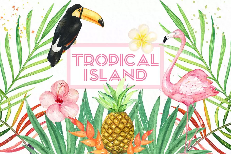 热带岛屿水彩剪贴画 Tropical islands. wa