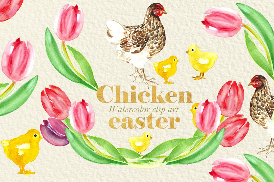 复活节主题小鸡水彩剪贴画 Easter Chicken.Wa