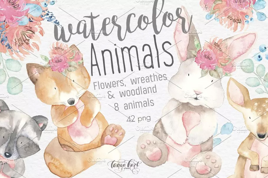 水彩动物和花卉剪贴画 Watercolor Animals,