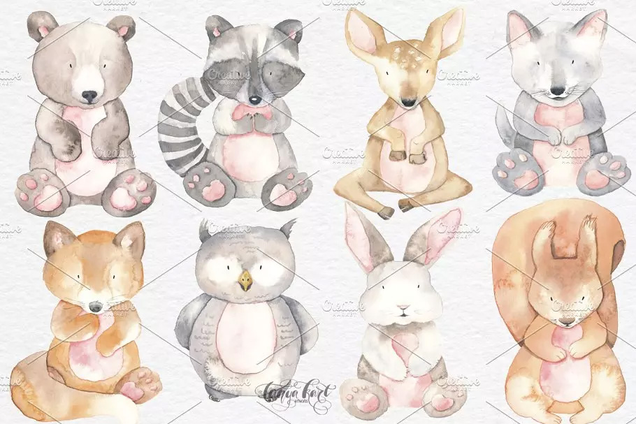 水彩动物和花卉剪贴画 Watercolor Animals,